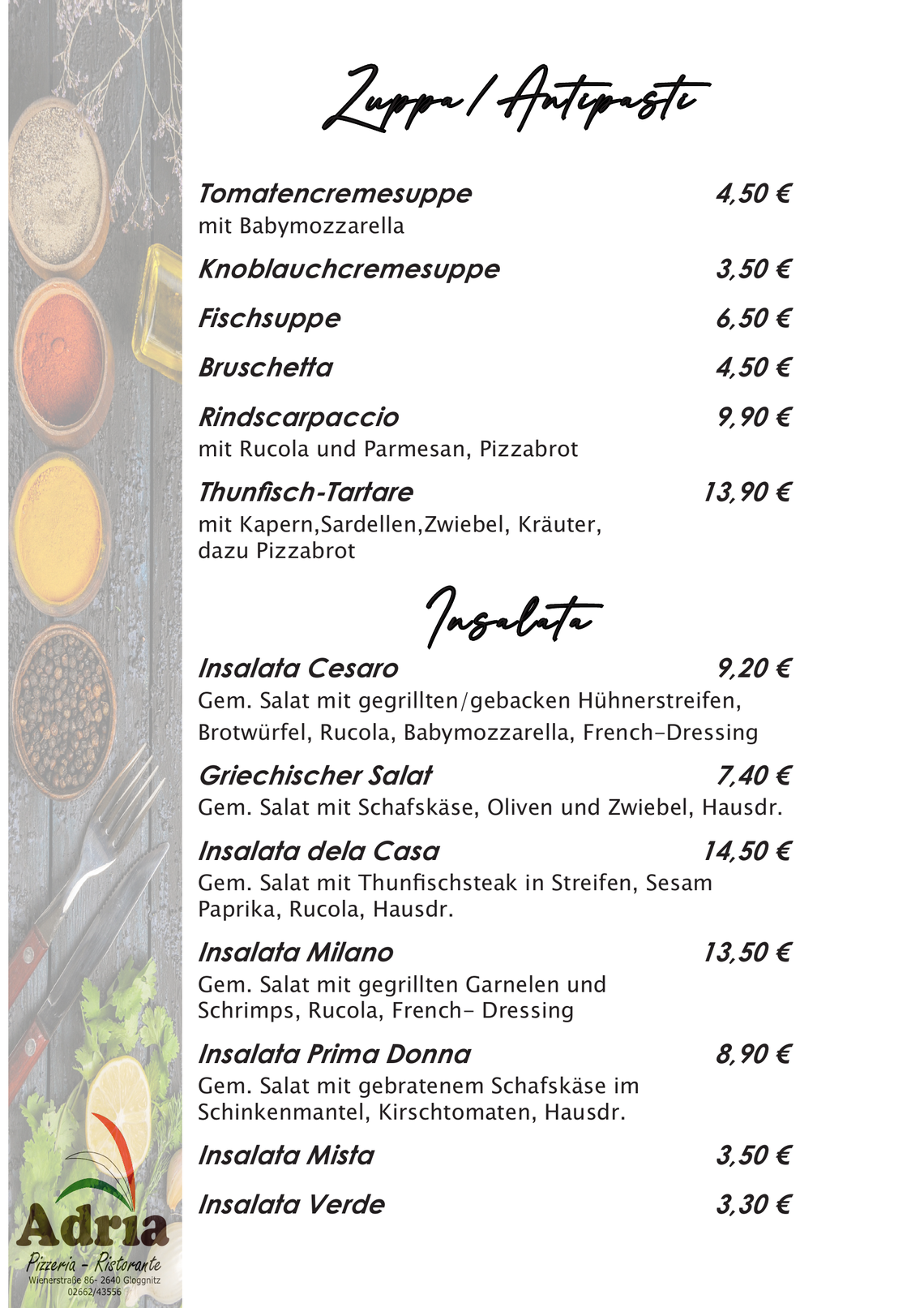 Speisekarte (ADRIA - Pizzeria Ristorante)
