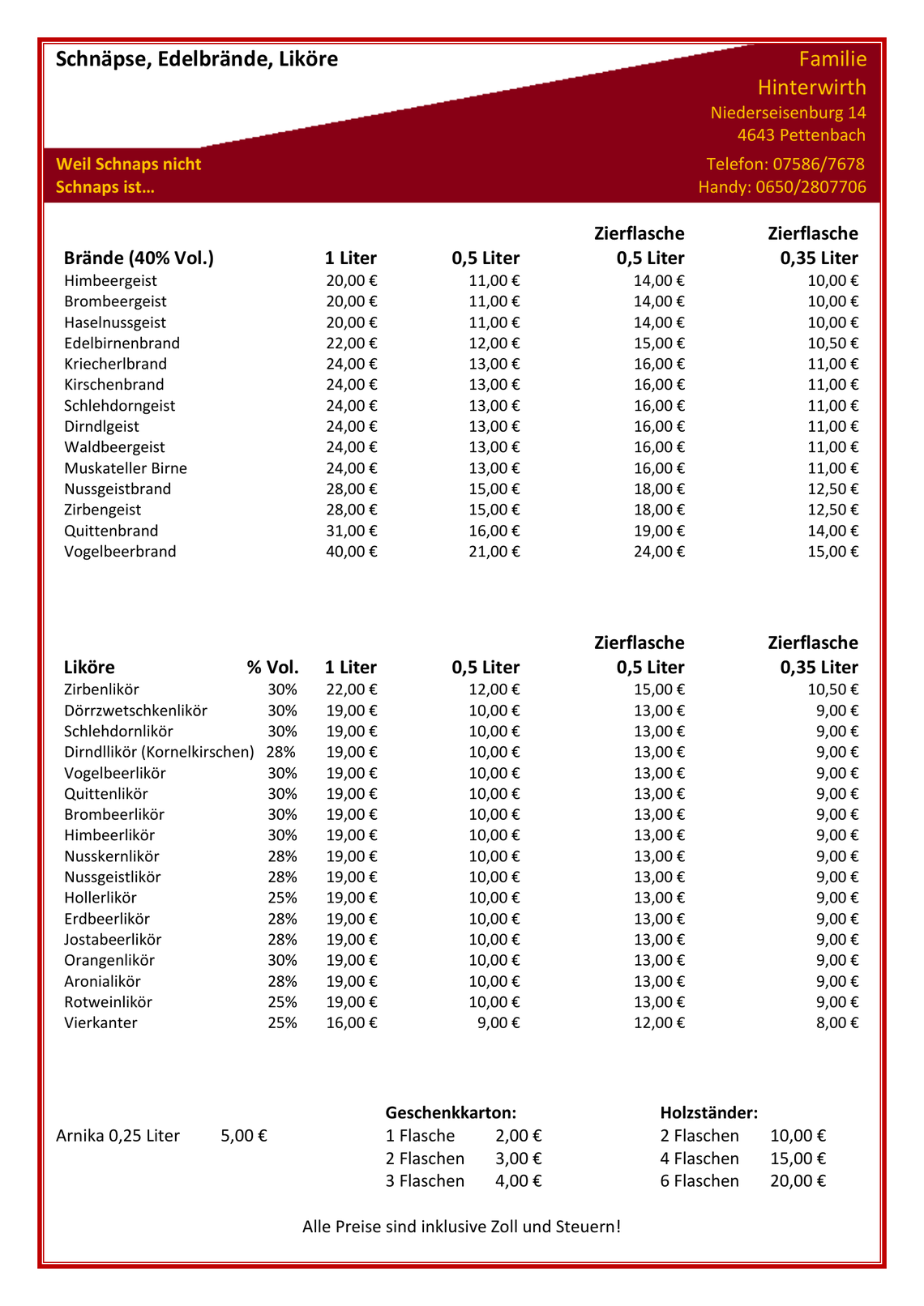 Preisliste Schnaps neu