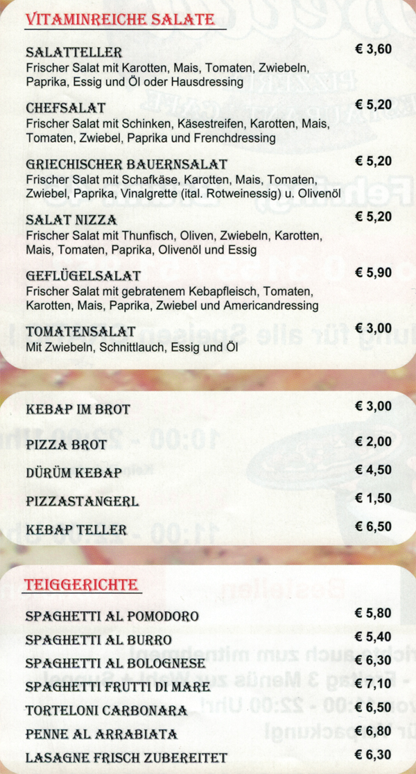 Menükarte (Pizza Bella)