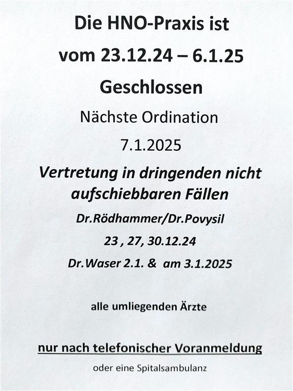 Ordinationszeiten Dezember 2024 und Jänner 2025